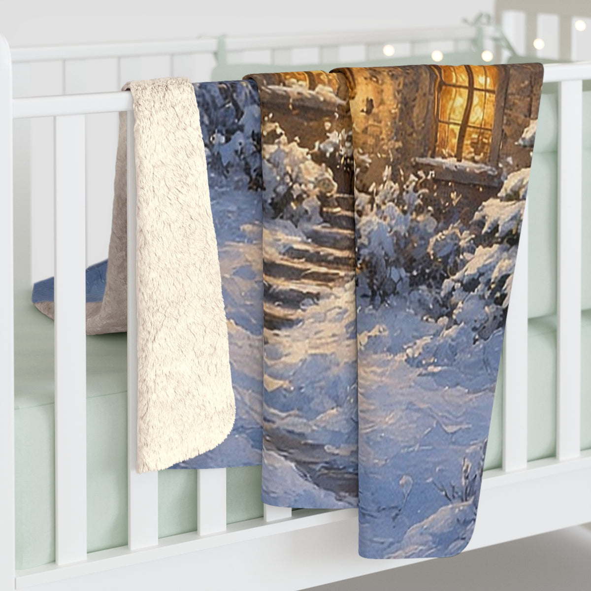 Lit Cottage in Snow Sherpa Throw