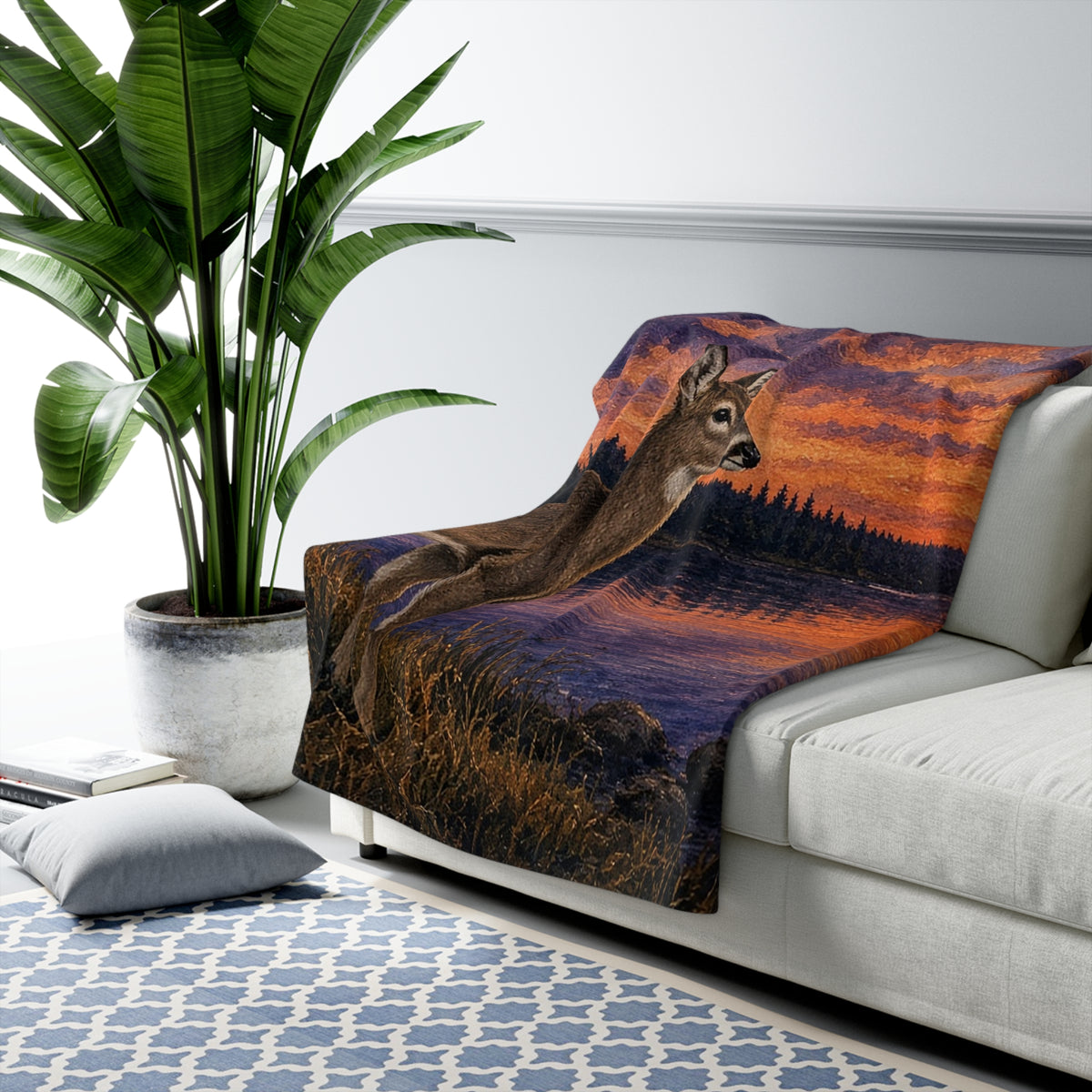 Deer at Lake Dusk Sherpa Throw