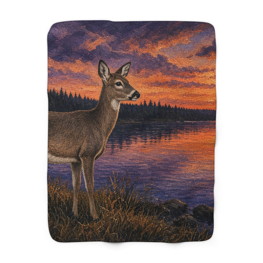 Deer at Lake Dusk Sherpa Throw