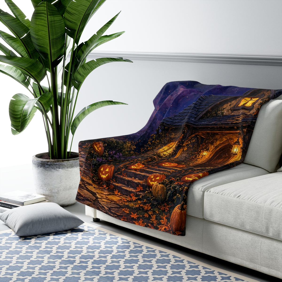 Lit Halloween Cottage Sherpa Throw