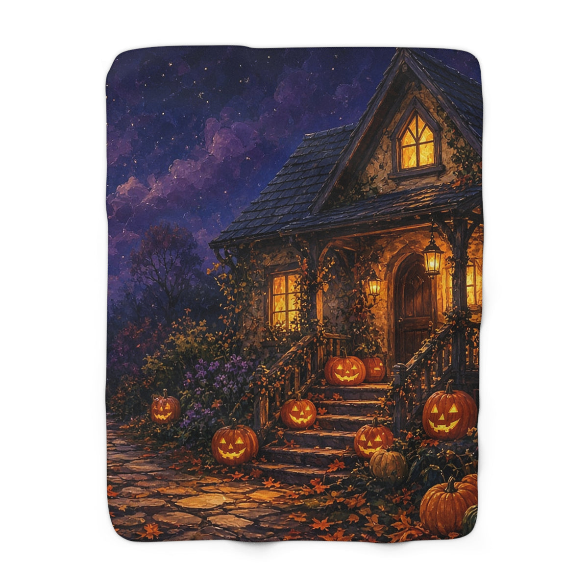 Lit Halloween Cottage Sherpa Throw