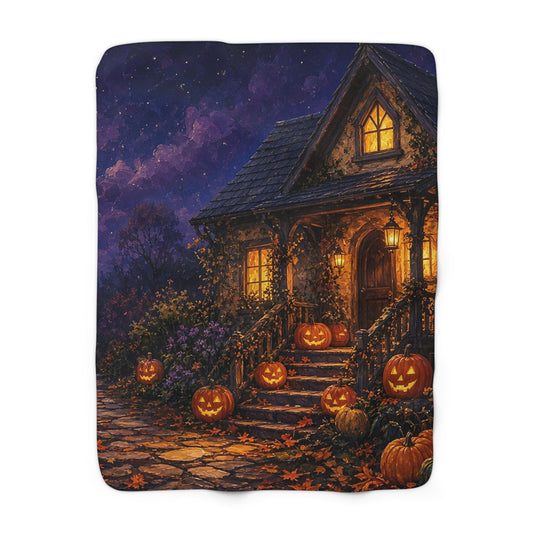 Lit Halloween Cottage Sherpa Throw