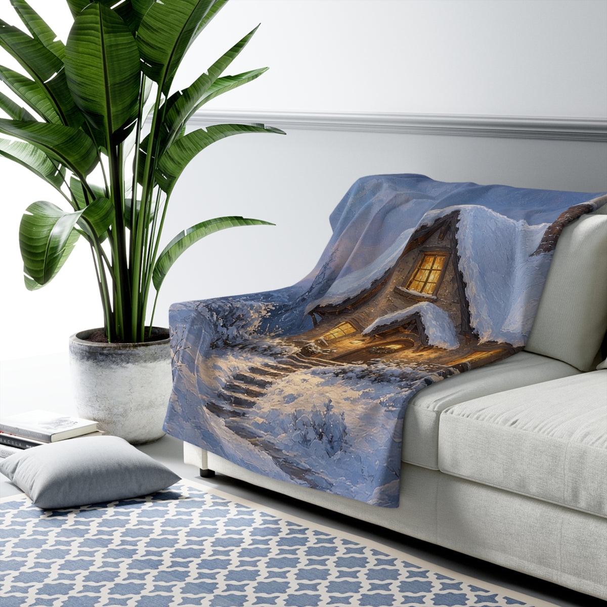 Lit Cottage in Snow Sherpa Throw